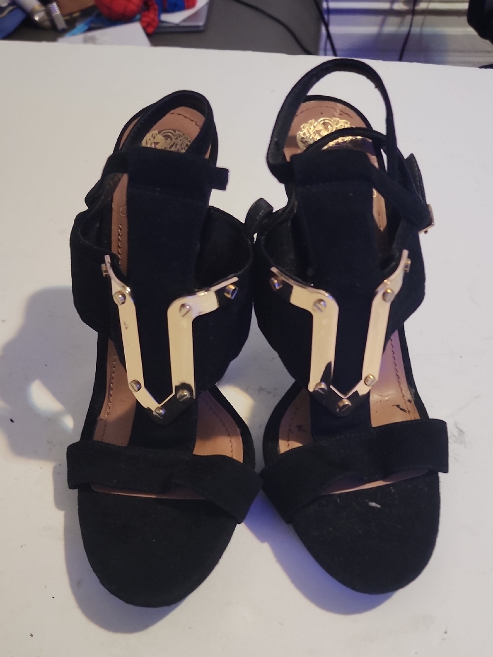 Vince Camuto Black Suede Open-Toe Heels with Gold Hardware. Excellent Condition